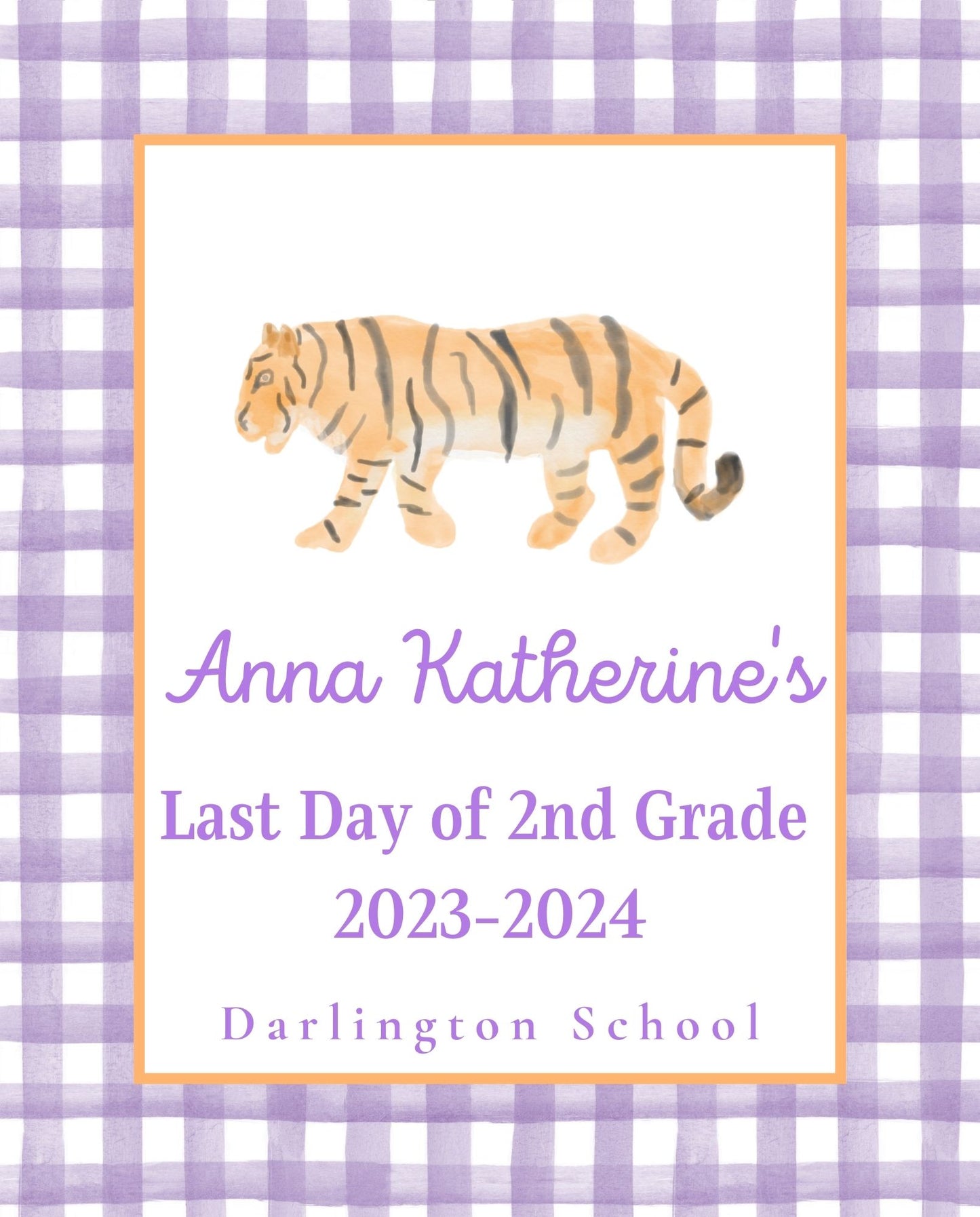 Back To School Handheld Sign, Purple Tiger Mascot, 8x10