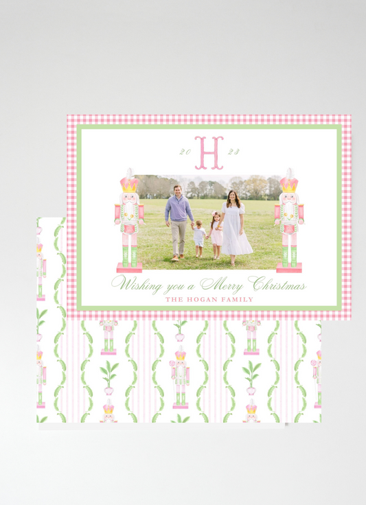 Nantucket Nutcrackers Holiday Card, Pink Gingham