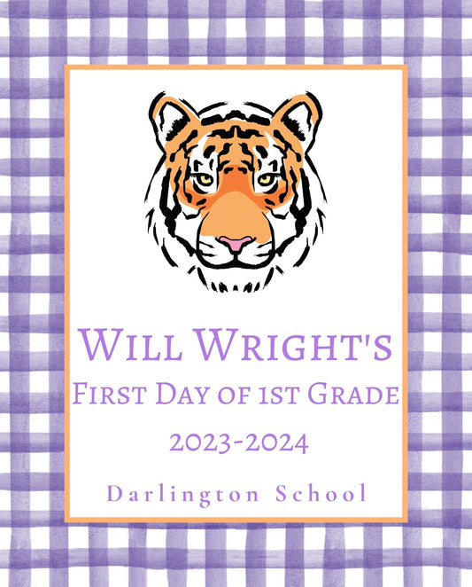 Back To School Handheld Sign, Purple Tiger Mascot, 8x10