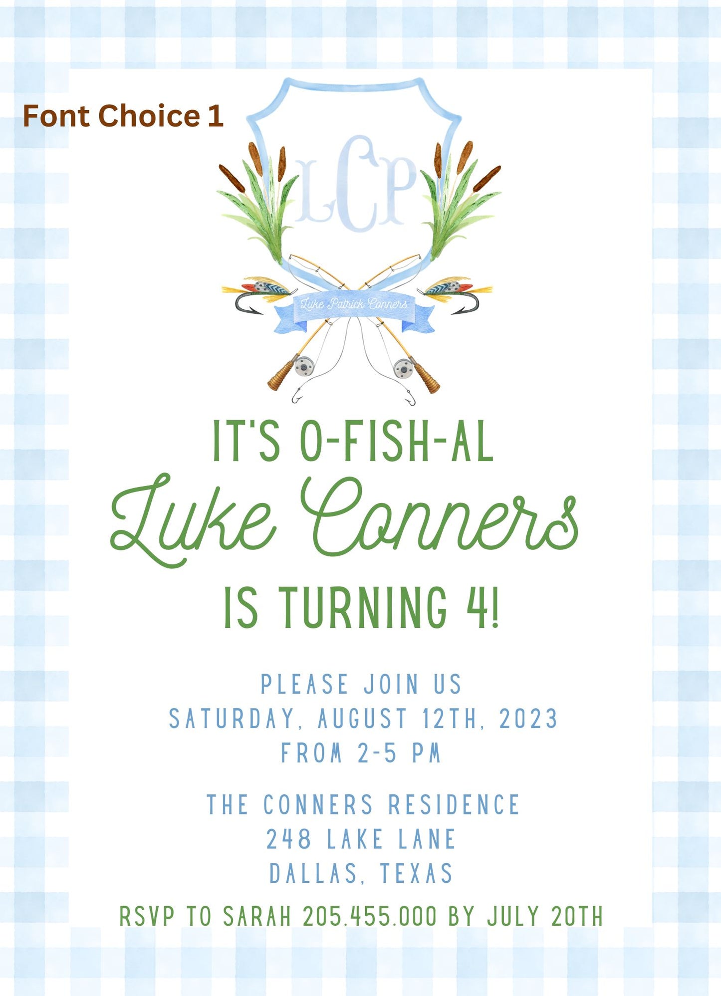 Gone Fishing Semi Custom Crest Birthday Invitation