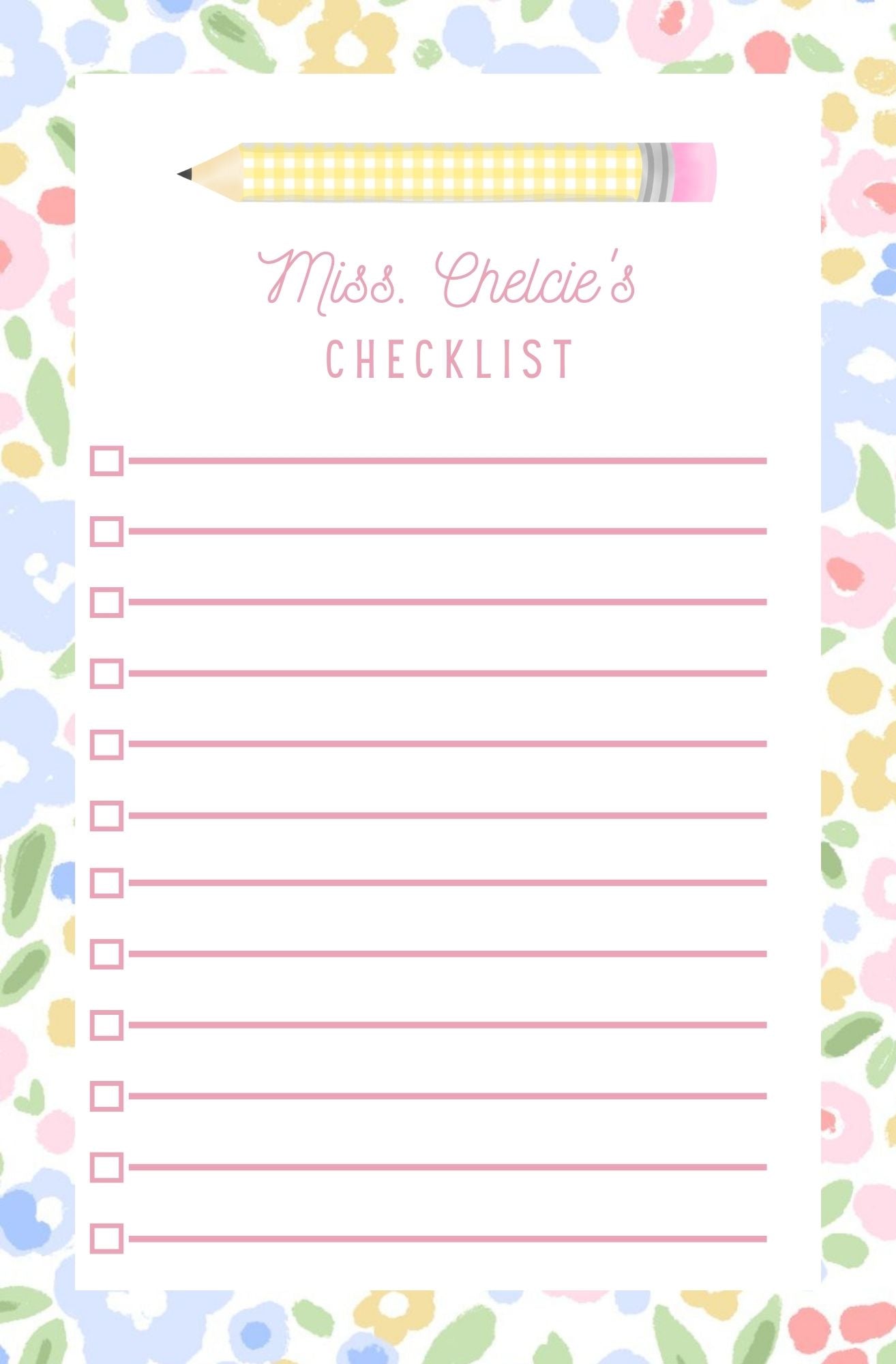 Personalized Teacher's Checklist, Floral Pencils