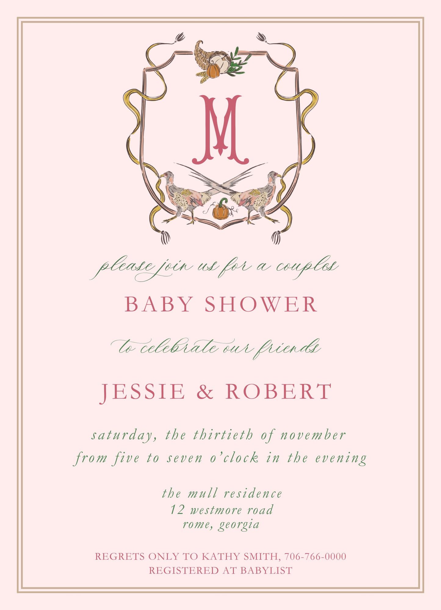 Oak Hill Pheasant Invitation (pink)