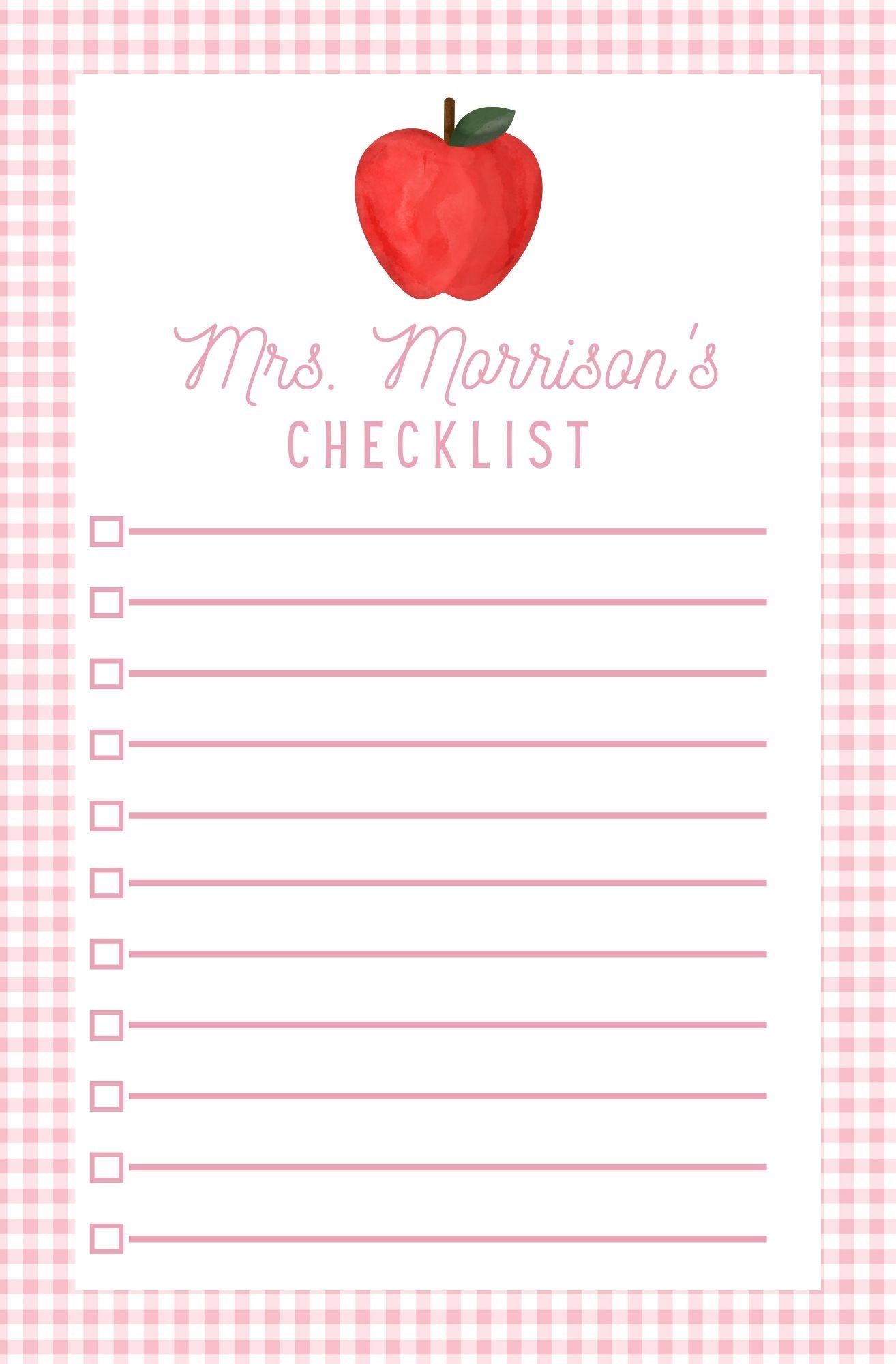 Personalized Teacher's Checklist, gingham apple