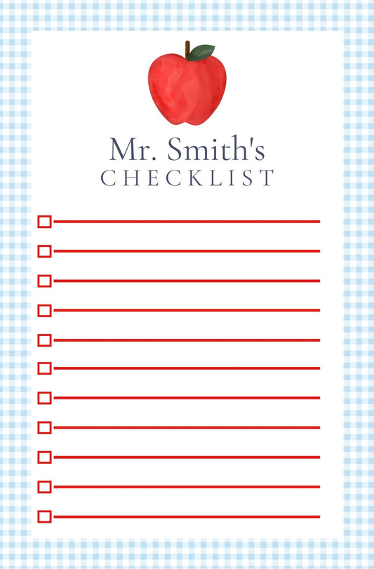 Personalized Teacher's Checklist, blue gingham apple