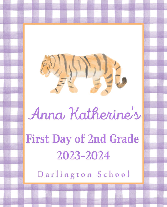 Back To School Handheld Sign, Purple Tiger Mascot, 8x10