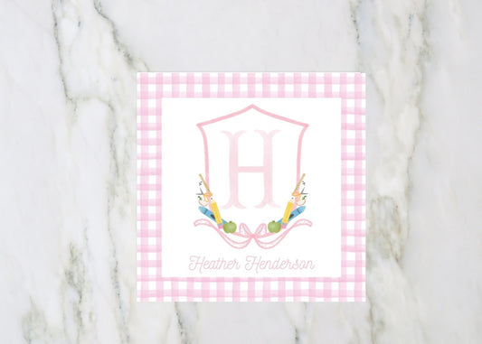 Back to School Crest Bag Tag, Pink Gingham