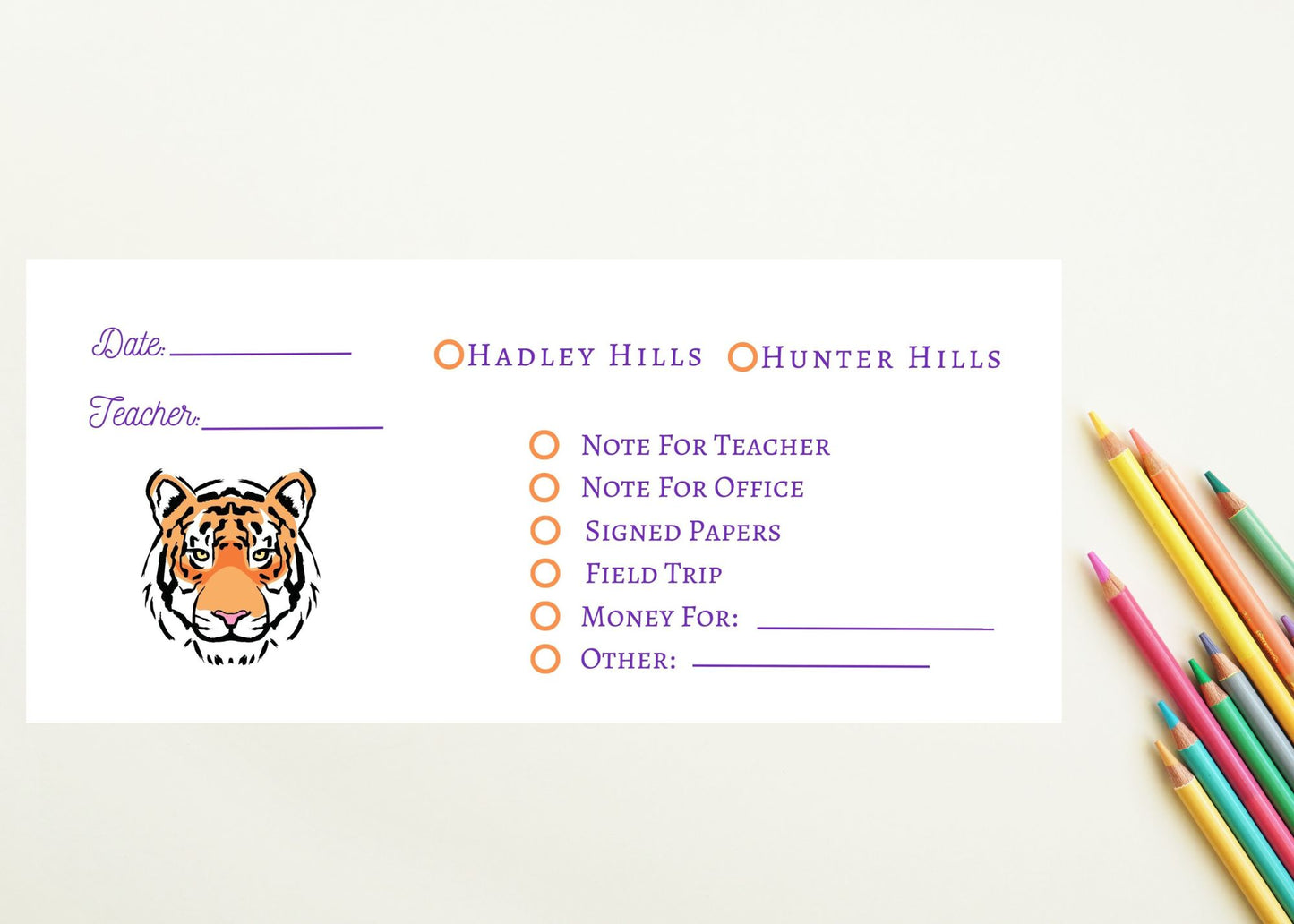 School Envelopes, Purple Tiger, Set of 15