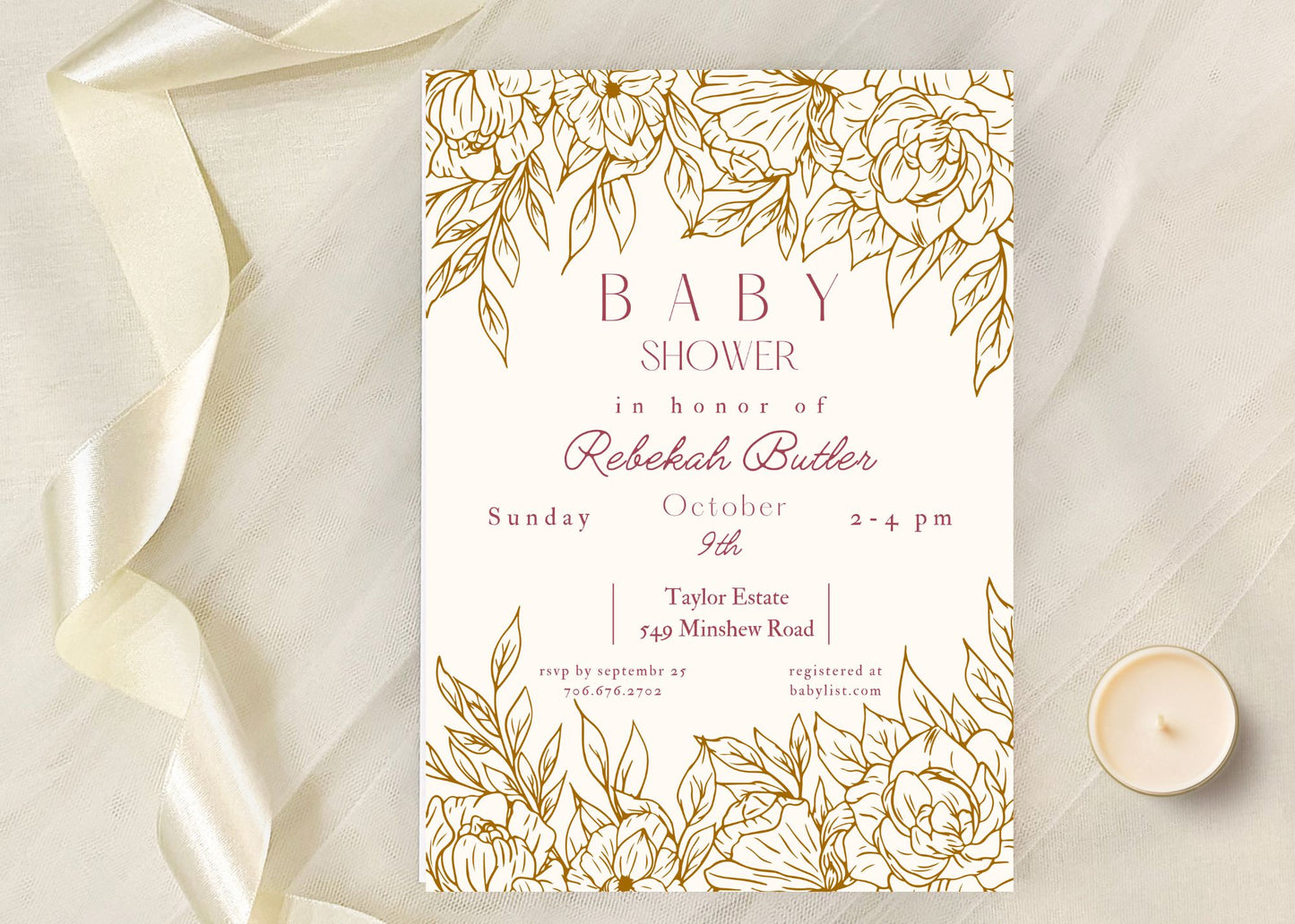 Golden Florals Baby Shower Invite, DIGITAL