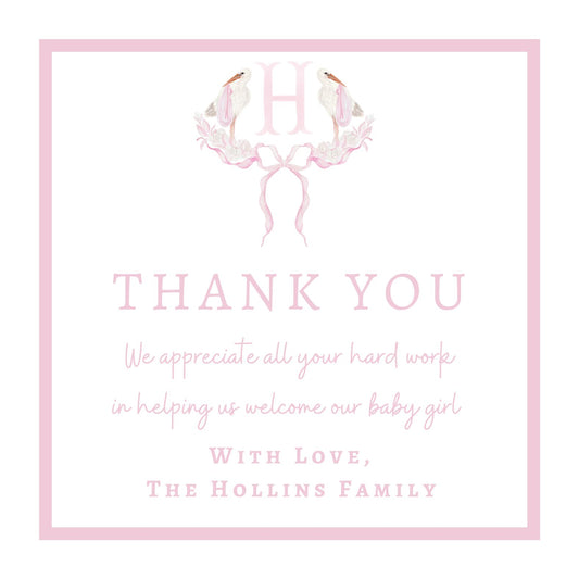 Sea Island Stork Thank You Gift Tags, Baby Girl Pink